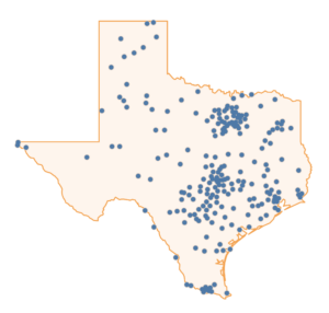 Texas map showing the 2023 - 2024 OnRamps School districts