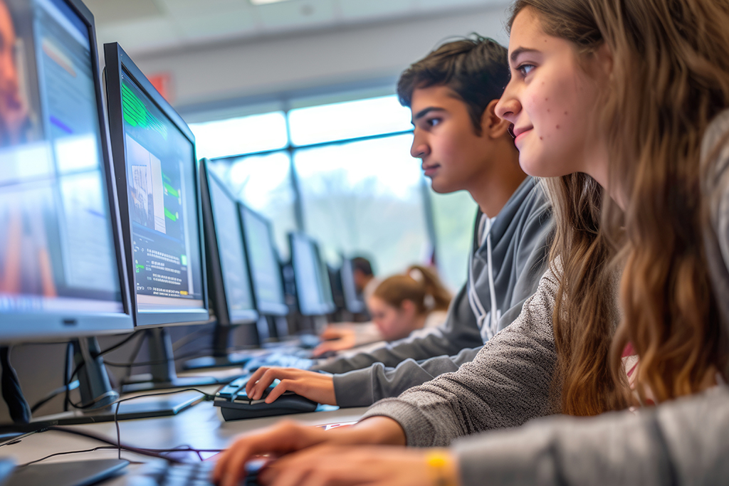 Students view their work on desktop computers in a computer lab.